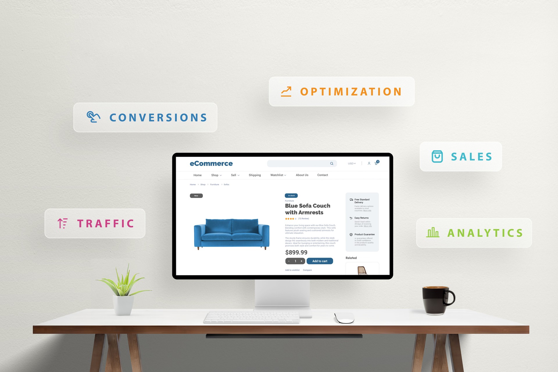 Marketing agency enhancing online sales for blue sofa on eCommerce site, with icons for traffic, conversions, optimization, sales, and analytics displayed on screen