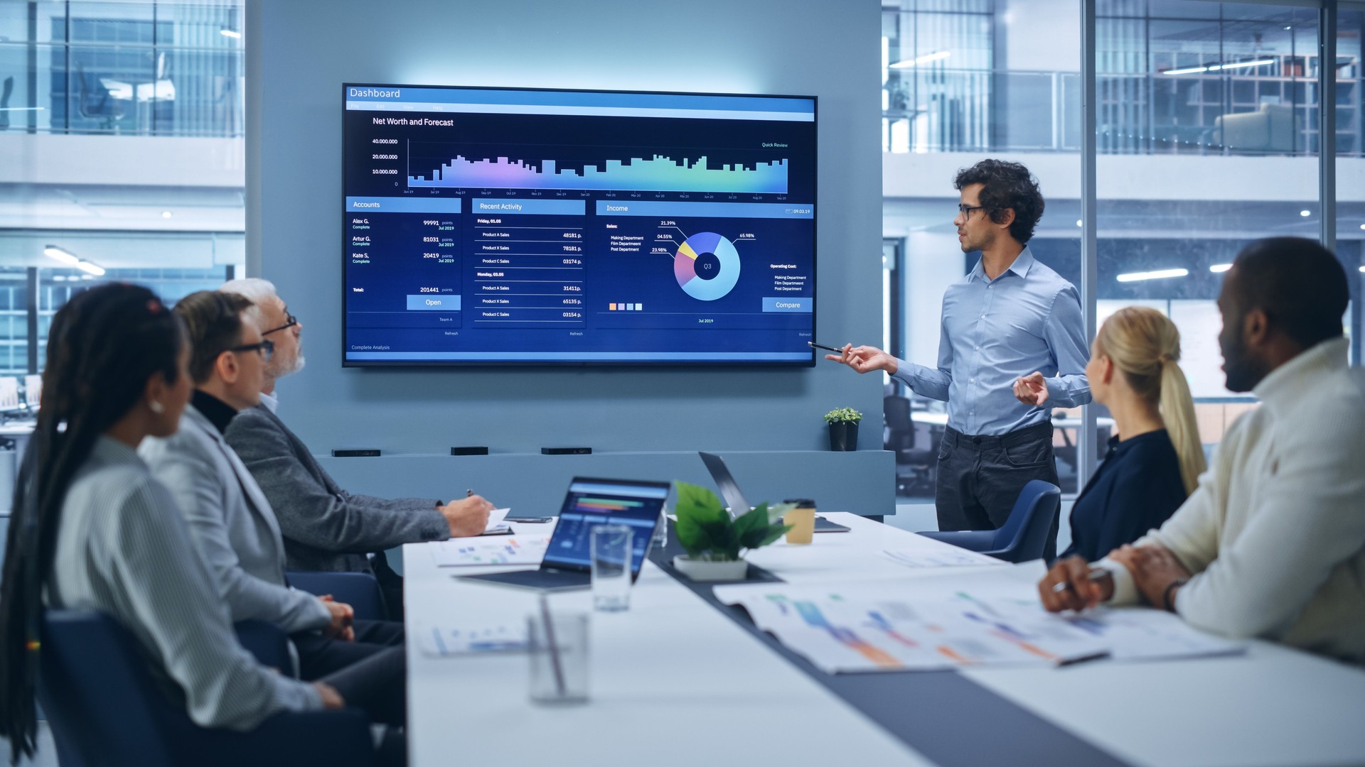 Office Conference Room Meeting Presentation: Latin Businessman Talks, Uses Wall TV to Show Company Growth with Big Data Analysis, Graphs, Charts, Infographics. Multi-Ethnic e-Commerce Startup Workers